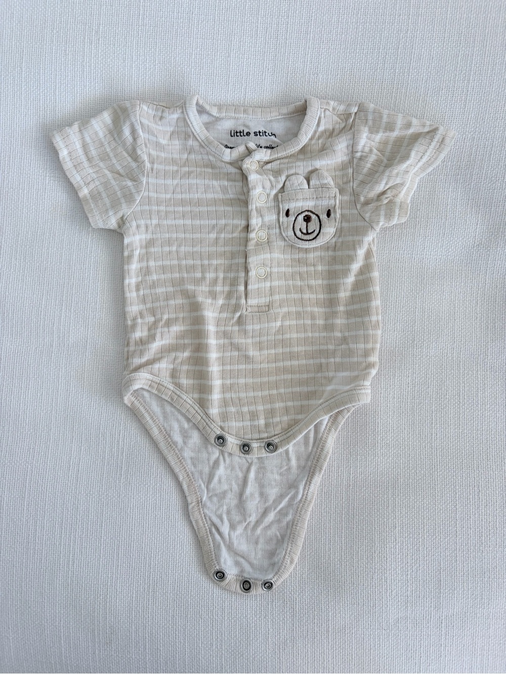 Little Stitch Cream Striped Bear Pocket Baby Bodysuit